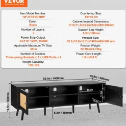 VEVOR Rattan TV Stand for 65 inch TV, Boho TV Stand with Rattan Door, Entertainment Center with Build-in Socket and USB Ports, Modern TV Console for Living Room, Media Room, Black