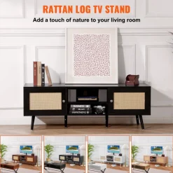 VEVOR Rattan TV Stand for 65 inch TV, Boho TV Stand with Rattan Door, Entertainment Center with Build-in Socket and USB Ports, Modern TV Console for Living Room, Media Room, Black
