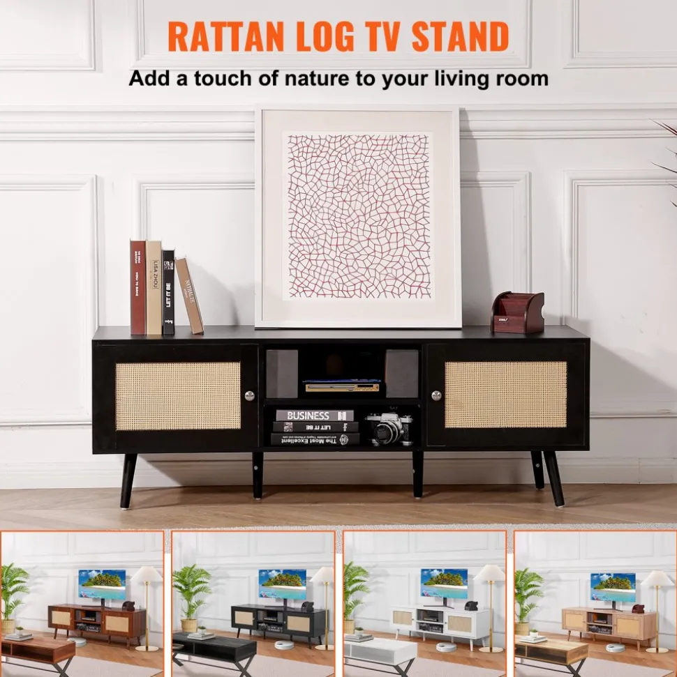 VEVOR Rattan TV Stand for 65 inch TV, Boho TV Stand with Rattan Door, Entertainment Center with Build-in Socket and USB Ports, Modern TV Console for Living Room, Media Room, Black