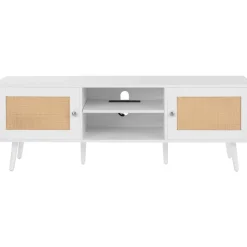 VEVOR Rattan TV Stand for 65 inch TV, Boho TV Stand with Rattan Door, Entertainment Center with Build-in Socket and USB Ports, Modern TV Console for Living Room, Media Room, White