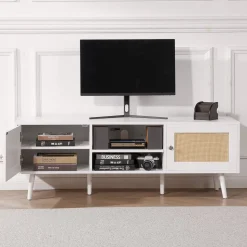 VEVOR Rattan TV Stand for 65 inch TV, Boho TV Stand with Rattan Door, Entertainment Center with Build-in Socket and USB Ports, Modern TV Console for Living Room, Media Room, White