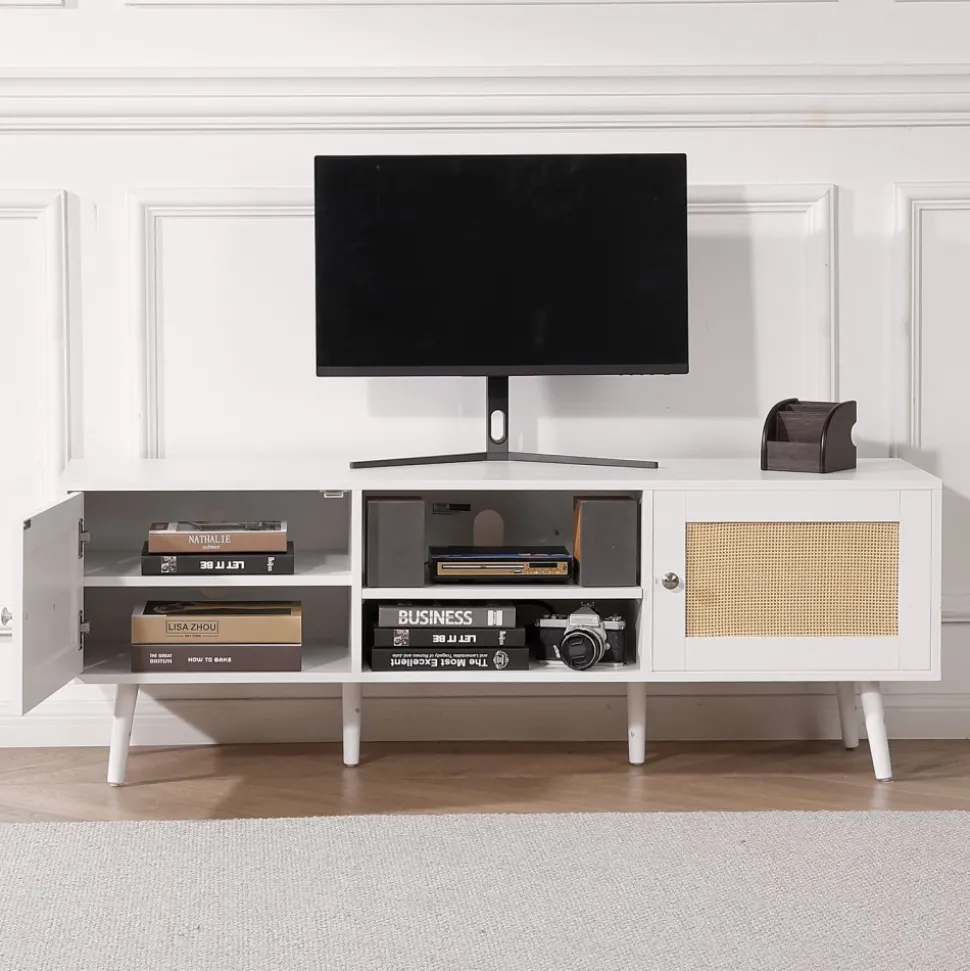 VEVOR Rattan TV Stand for 65 inch TV, Boho TV Stand with Rattan Door, Entertainment Center with Build-in Socket and USB Ports, Modern TV Console for Living Room, Media Room, White