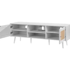 VEVOR Rattan TV Stand for 65 inch TV, Boho TV Stand with Rattan Door, Entertainment Center with Build-in Socket and USB Ports, Modern TV Console for Living Room, Media Room, White