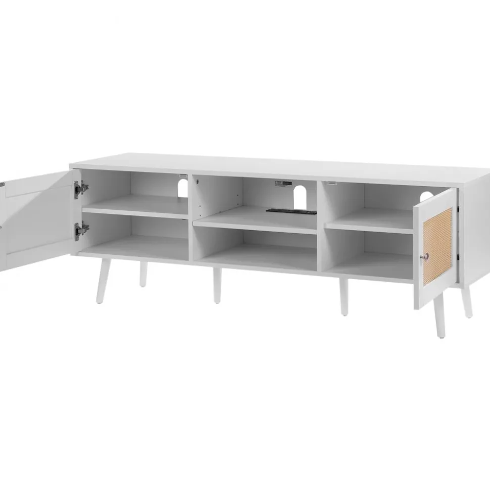 VEVOR Rattan TV Stand for 65 inch TV, Boho TV Stand with Rattan Door, Entertainment Center with Build-in Socket and USB Ports, Modern TV Console for Living Room, Media Room, White