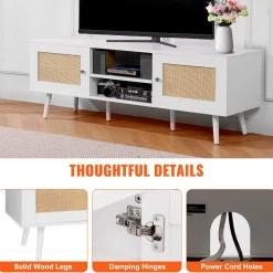 VEVOR Rattan TV Stand for 65 inch TV, Boho TV Stand with Rattan Door, Entertainment Center with Build-in Socket and USB Ports, Modern TV Console for Living Room, Media Room, White
