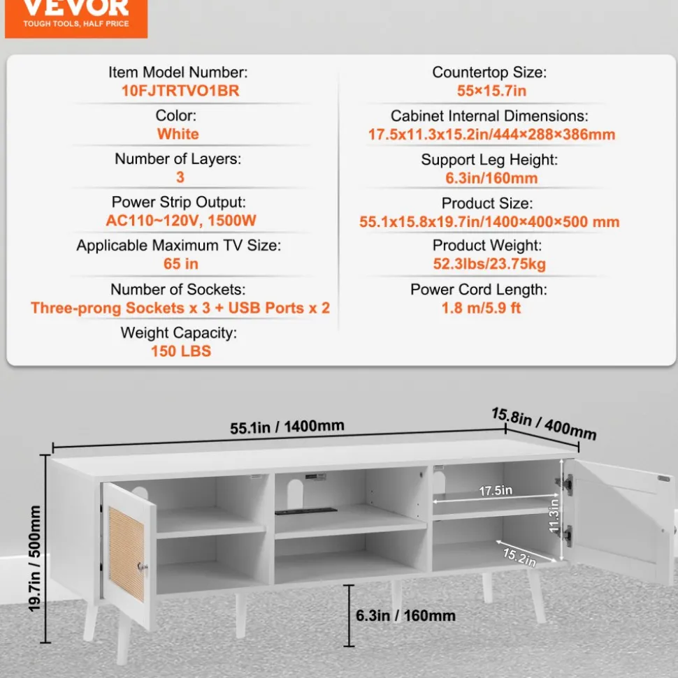 VEVOR Rattan TV Stand for 65 inch TV, Boho TV Stand with Rattan Door, Entertainment Center with Build-in Socket and USB Ports, Modern TV Console for Living Room, Media Room, White