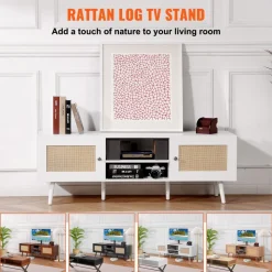 VEVOR Rattan TV Stand for 65 inch TV, Boho TV Stand with Rattan Door, Entertainment Center with Build-in Socket and USB Ports, Modern TV Console for Living Room, Media Room, White