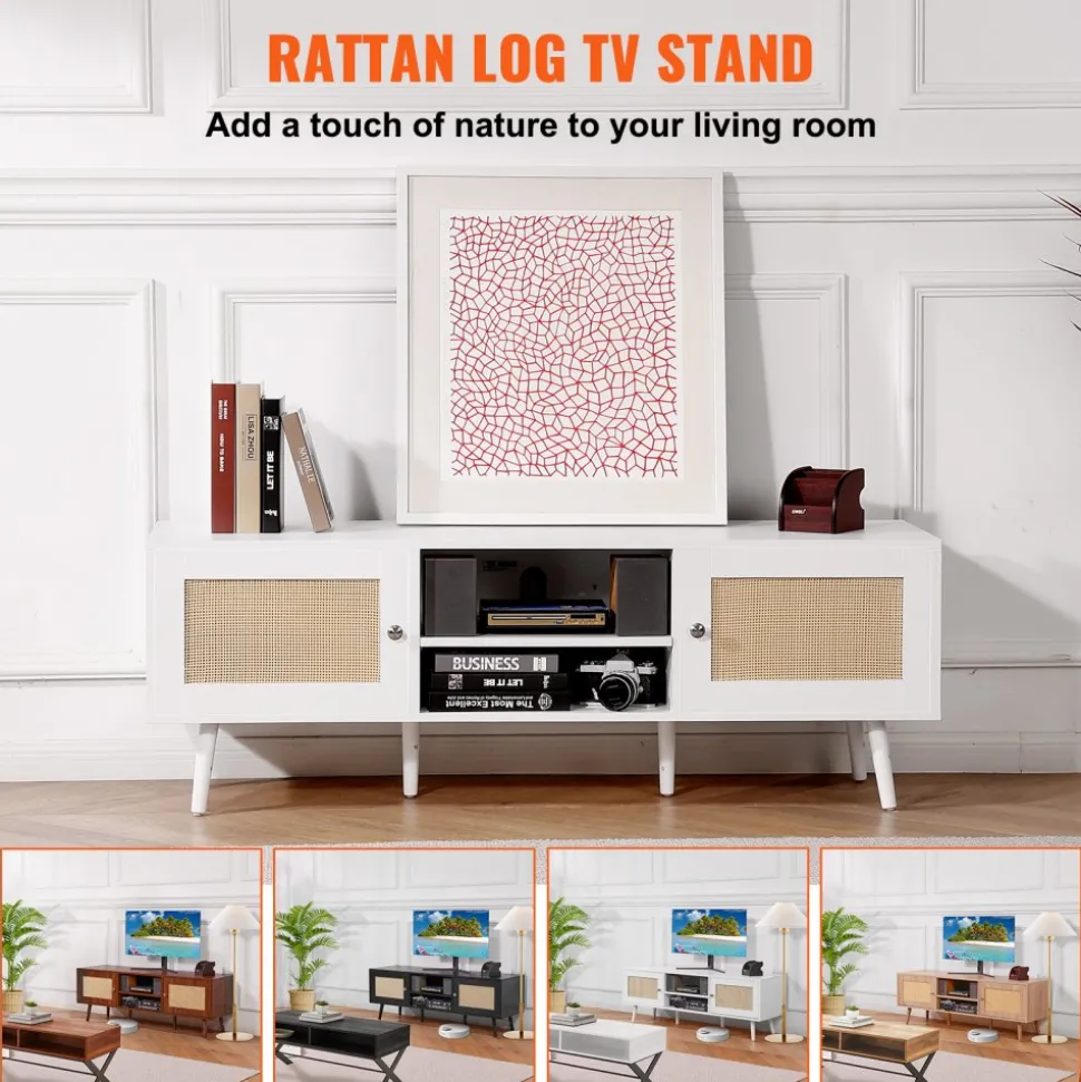 VEVOR Rattan TV Stand for 65 inch TV, Boho TV Stand with Rattan Door, Entertainment Center with Build-in Socket and USB Ports, Modern TV Console for Living Room, Media Room, White