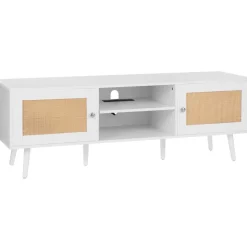 VEVOR Rattan TV Stand for 65 inch TV, Boho TV Stand with Rattan Door, Entertainment Center with Build-in Socket and USB Ports, Modern TV Console for Living Room, Media Room, White