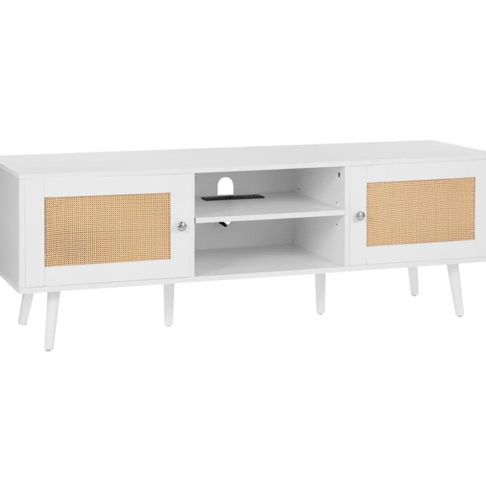 VEVOR Rattan TV Stand for 65 inch TV, Boho TV Stand with Rattan Door, Entertainment Center with Build-in Socket and USB Ports, Modern TV Console for Living Room, Media Room, White