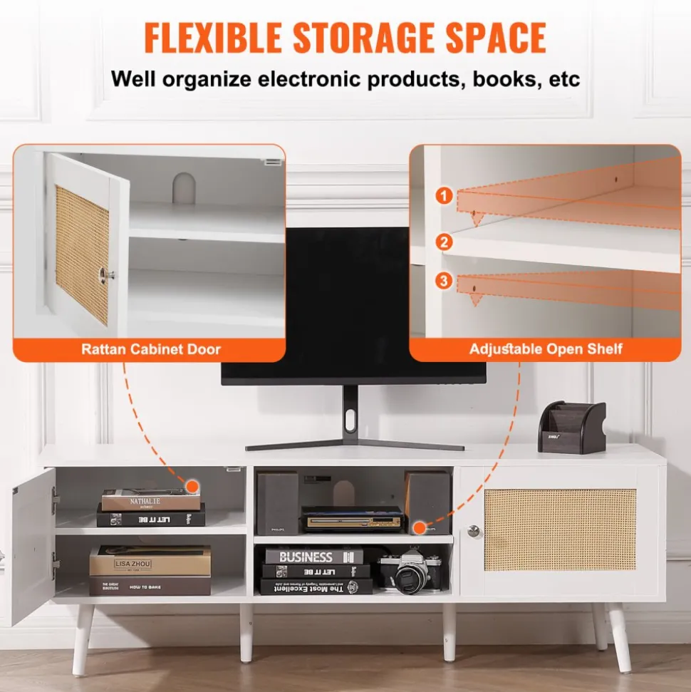 VEVOR Rattan TV Stand for 65 inch TV, Boho TV Stand with Rattan Door, Entertainment Center with Build-in Socket and USB Ports, Modern TV Console for Living Room, Media Room, White
