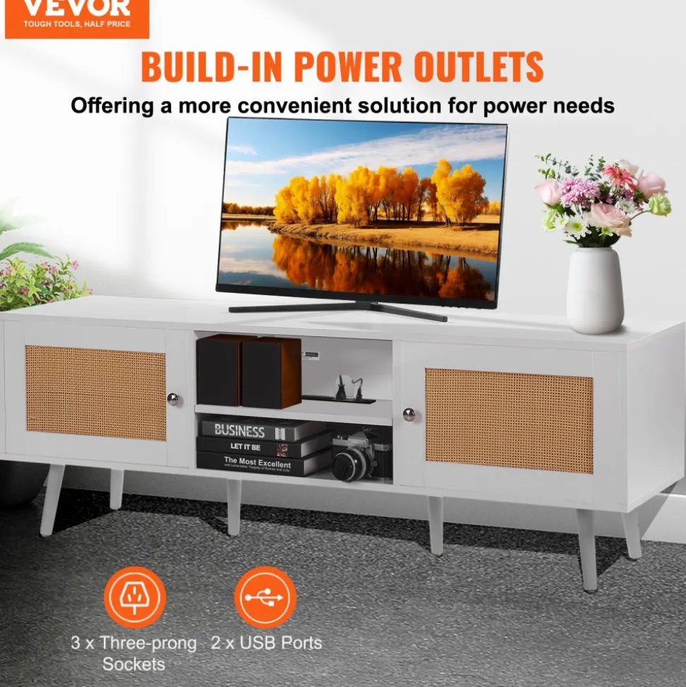 VEVOR Rattan TV Stand for 65 inch TV, Boho TV Stand with Rattan Door, Entertainment Center with Build-in Socket and USB Ports, Modern TV Console for Living Room, Media Room, White