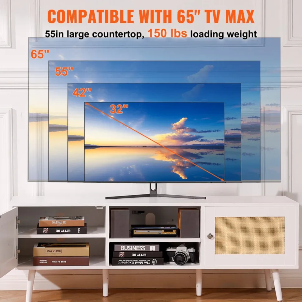VEVOR Rattan TV Stand for 65 inch TV, Boho TV Stand with Rattan Door, Entertainment Center with Build-in Socket and USB Ports, Modern TV Console for Living Room, Media Room, White