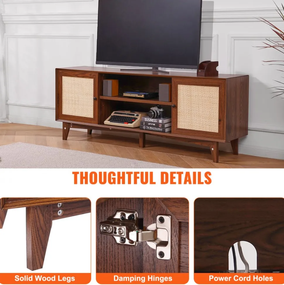 VEVOR Rattan TV Stand for 75in TV, Boho TV Stand with Rattan Door, Entertainment Center with Build-in Socket, Storage Cabinet with 2 Shelves, Modern TV Console for Living Room, Media Room, Walnut