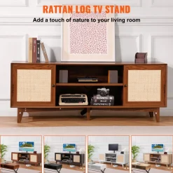 VEVOR Rattan TV Stand for 75in TV, Boho TV Stand with Rattan Door, Entertainment Center with Build-in Socket, Storage Cabinet with 2 Shelves, Modern TV Console for Living Room, Media Room, Walnut