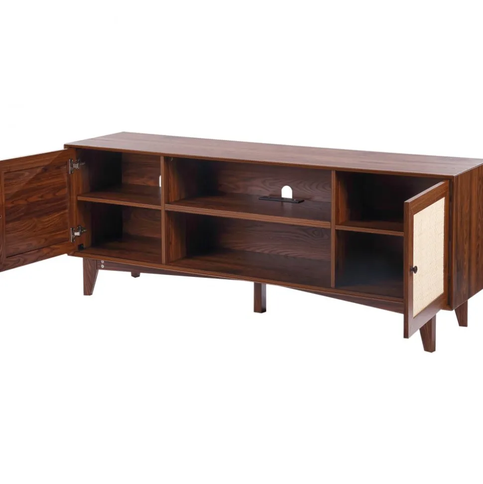 VEVOR Rattan TV Stand for 75in TV, Boho TV Stand with Rattan Door, Entertainment Center with Build-in Socket, Storage Cabinet with 2 Shelves, Modern TV Console for Living Room, Media Room, Walnut