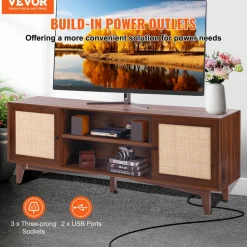 VEVOR Rattan TV Stand for 75in TV, Boho TV Stand with Rattan Door, Entertainment Center with Build-in Socket, Storage Cabinet with 2 Shelves, Modern TV Console for Living Room, Media Room, Walnut