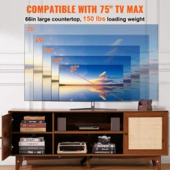 VEVOR Rattan TV Stand for 75in TV, Boho TV Stand with Rattan Door, Entertainment Center with Build-in Socket, Storage Cabinet with 2 Shelves, Modern TV Console for Living Room, Media Room, Walnut