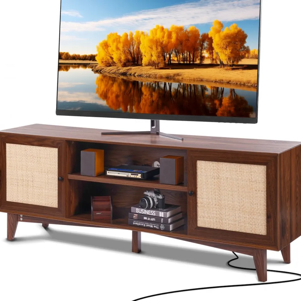 VEVOR Rattan TV Stand for 75in TV, Boho TV Stand with Rattan Door, Entertainment Center with Build-in Socket, Storage Cabinet with 2 Shelves, Modern TV Console for Living Room, Media Room, Walnut