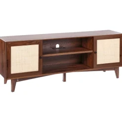 VEVOR Rattan TV Stand for 75in TV, Boho TV Stand with Rattan Door, Entertainment Center with Build-in Socket, Storage Cabinet with 2 Shelves, Modern TV Console for Living Room, Media Room, Walnut