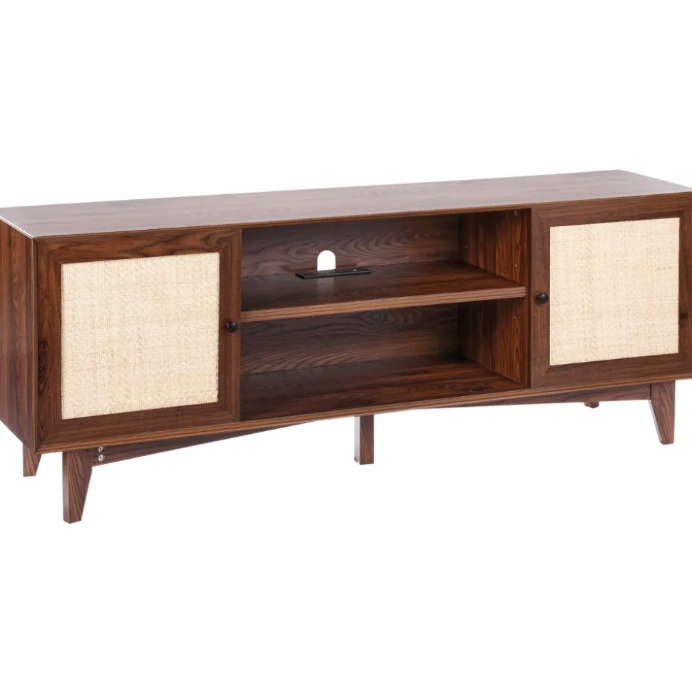 VEVOR Rattan TV Stand for 75in TV, Boho TV Stand with Rattan Door, Entertainment Center with Build-in Socket, Storage Cabinet with 2 Shelves, Modern TV Console for Living Room, Media Room, Walnut