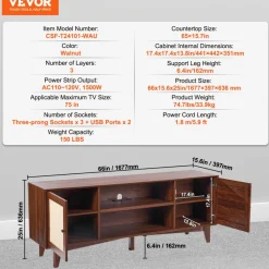 VEVOR Rattan TV Stand for 75in TV, Boho TV Stand with Rattan Door, Entertainment Center with Build-in Socket, Storage Cabinet with 2 Shelves, Modern TV Console for Living Room, Media Room, Walnut