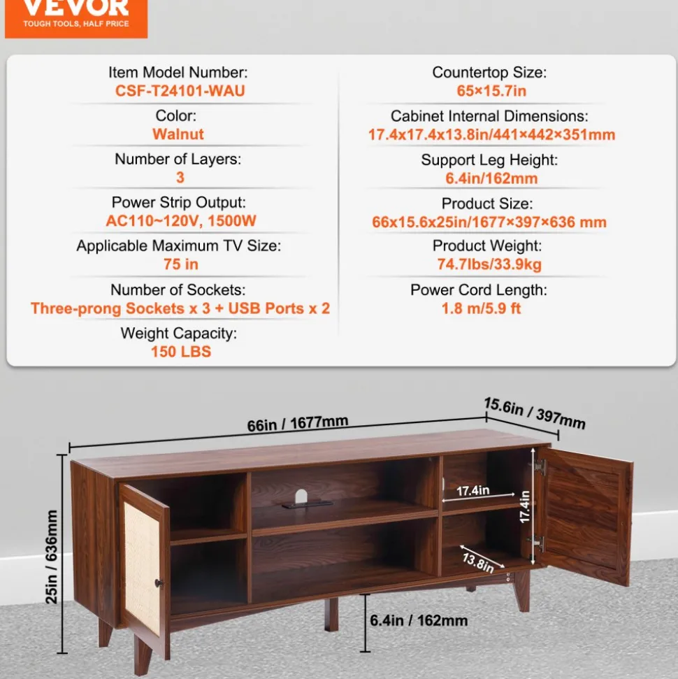 VEVOR Rattan TV Stand for 75in TV, Boho TV Stand with Rattan Door, Entertainment Center with Build-in Socket, Storage Cabinet with 2 Shelves, Modern TV Console for Living Room, Media Room, Walnut