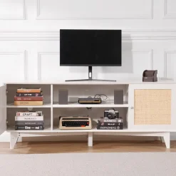 VEVOR Rattan TV Stand for 75in TV, Boho TV Stand with Rattan Door, Entertainment Center with Build-in Socket, Storage Cabinet with 2 Shelves, Modern TV Console for Living Room, Media Room, White