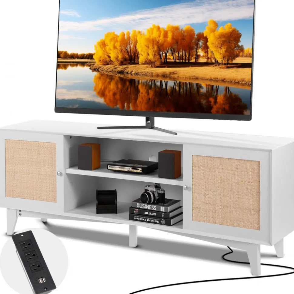 VEVOR Rattan TV Stand for 75in TV, Boho TV Stand with Rattan Door, Entertainment Center with Build-in Socket, Storage Cabinet with 2 Shelves, Modern TV Console for Living Room, Media Room, White