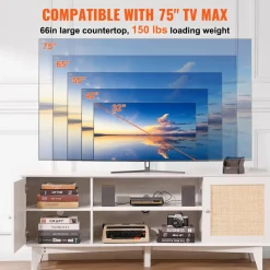 VEVOR Rattan TV Stand for 75in TV, Boho TV Stand with Rattan Door, Entertainment Center with Build-in Socket, Storage Cabinet with 2 Shelves, Modern TV Console for Living Room, Media Room, White