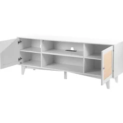 VEVOR Rattan TV Stand for 75in TV, Boho TV Stand with Rattan Door, Entertainment Center with Build-in Socket, Storage Cabinet with 2 Shelves, Modern TV Console for Living Room, Media Room, White
