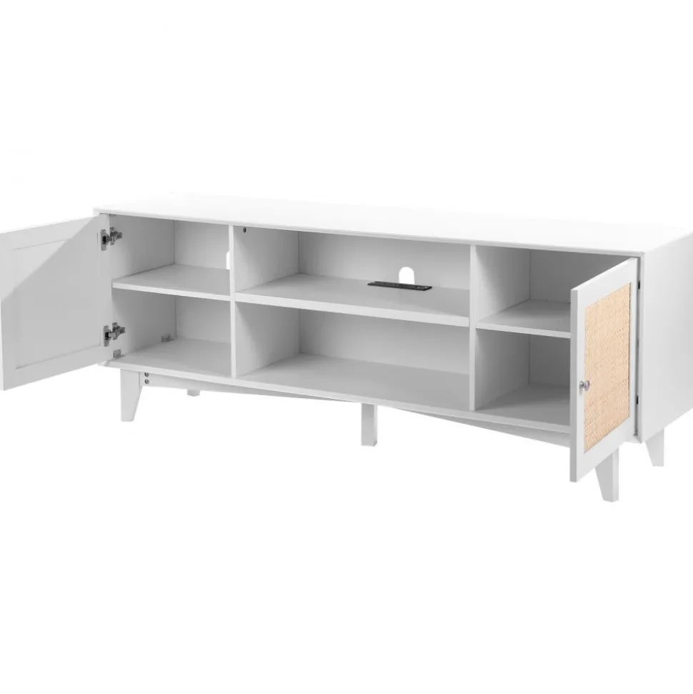VEVOR Rattan TV Stand for 75in TV, Boho TV Stand with Rattan Door, Entertainment Center with Build-in Socket, Storage Cabinet with 2 Shelves, Modern TV Console for Living Room, Media Room, White
