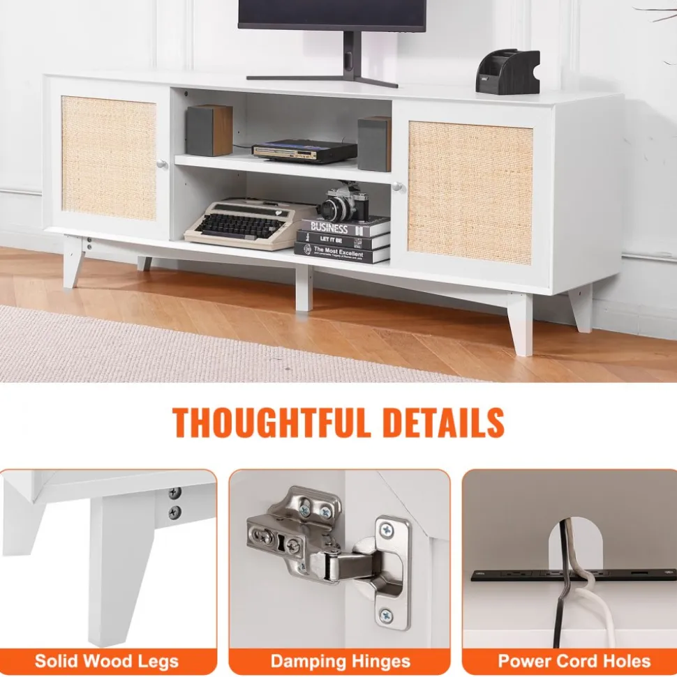 VEVOR Rattan TV Stand for 75in TV, Boho TV Stand with Rattan Door, Entertainment Center with Build-in Socket, Storage Cabinet with 2 Shelves, Modern TV Console for Living Room, Media Room, White