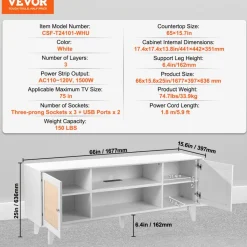 VEVOR Rattan TV Stand for 75in TV, Boho TV Stand with Rattan Door, Entertainment Center with Build-in Socket, Storage Cabinet with 2 Shelves, Modern TV Console for Living Room, Media Room, White