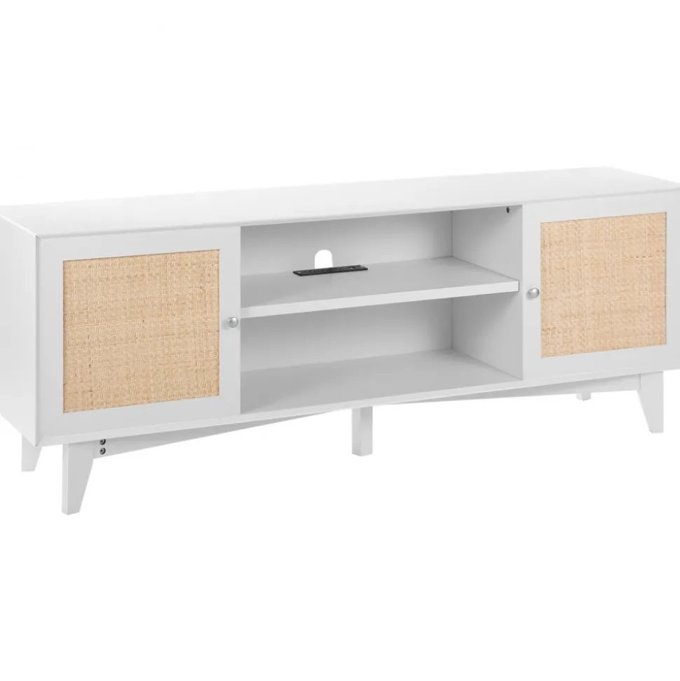 VEVOR Rattan TV Stand for 75in TV, Boho TV Stand with Rattan Door, Entertainment Center with Build-in Socket, Storage Cabinet with 2 Shelves, Modern TV Console for Living Room, Media Room, White