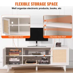 VEVOR Rattan TV Stand for 75in TV, Boho TV Stand with Rattan Door, Entertainment Center with Build-in Socket, Storage Cabinet with 2 Shelves, Modern TV Console for Living Room, Media Room, White