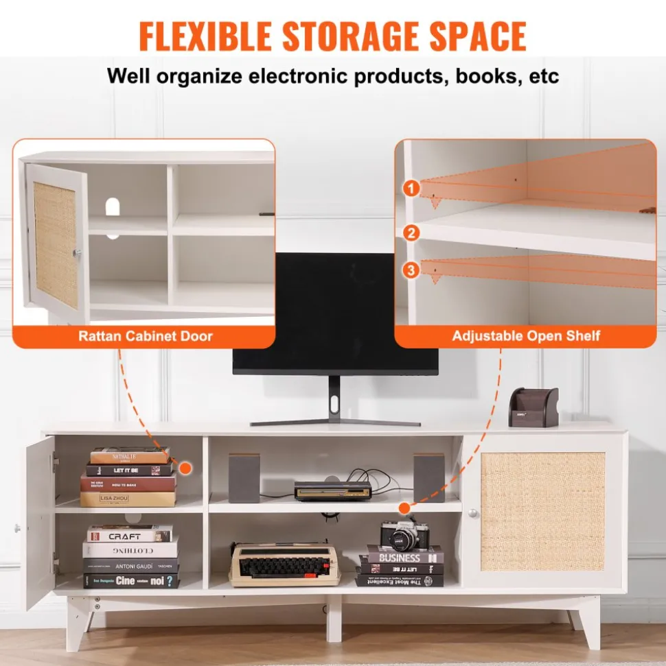 VEVOR Rattan TV Stand for 75in TV, Boho TV Stand with Rattan Door, Entertainment Center with Build-in Socket, Storage Cabinet with 2 Shelves, Modern TV Console for Living Room, Media Room, White