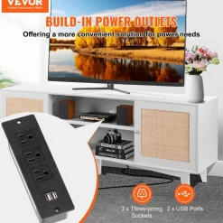 VEVOR Rattan TV Stand for 75in TV, Boho TV Stand with Rattan Door, Entertainment Center with Build-in Socket, Storage Cabinet with 2 Shelves, Modern TV Console for Living Room, Media Room, White