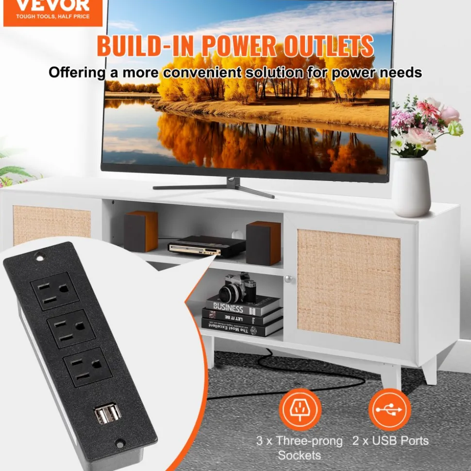 VEVOR Rattan TV Stand for 75in TV, Boho TV Stand with Rattan Door, Entertainment Center with Build-in Socket, Storage Cabinet with 2 Shelves, Modern TV Console for Living Room, Media Room, White