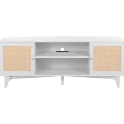 VEVOR Rattan TV Stand for 75in TV, Boho TV Stand with Rattan Door, Entertainment Center with Build-in Socket, Storage Cabinet with 2 Shelves, Modern TV Console for Living Room, Media Room, White