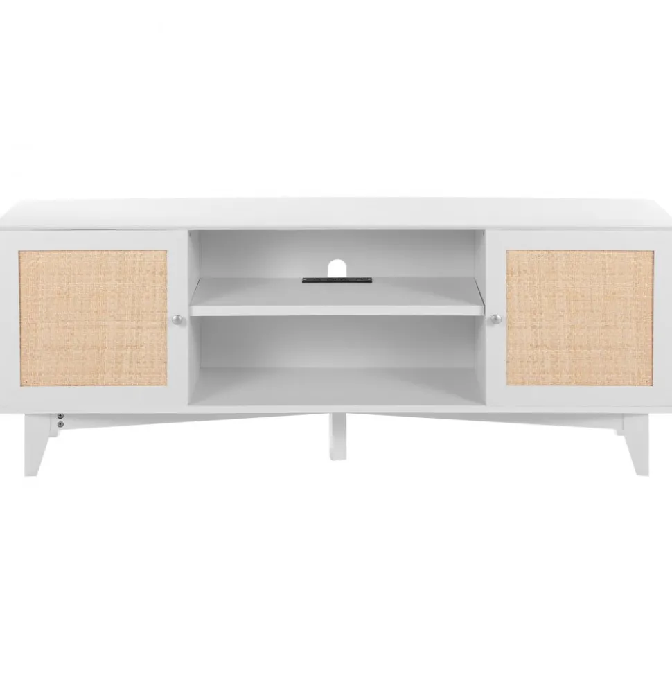 VEVOR Rattan TV Stand for 75in TV, Boho TV Stand with Rattan Door, Entertainment Center with Build-in Socket, Storage Cabinet with 2 Shelves, Modern TV Console for Living Room, Media Room, White