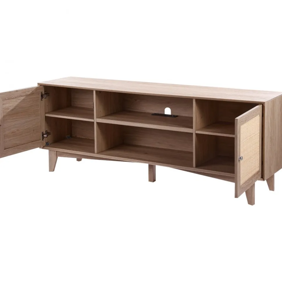 VEVOR Rattan TV Stand, Mid Century Modern TV Stand for 75 inch TV, Boho Rattan TV Cabinet with Build-in Socket and USB Ports, Adjustable Shelfs for Living Room, Media Room, Oak
