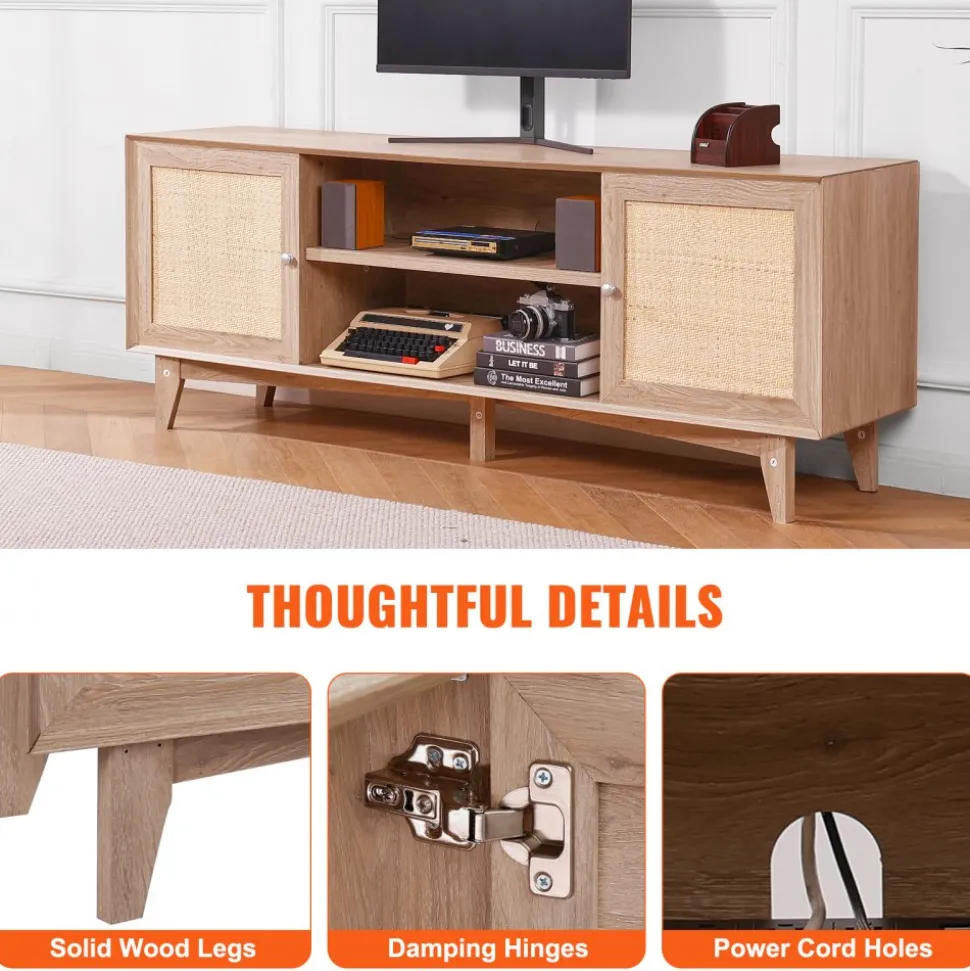 VEVOR Rattan TV Stand, Mid Century Modern TV Stand for 75 inch TV, Boho Rattan TV Cabinet with Build-in Socket and USB Ports, Adjustable Shelfs for Living Room, Media Room, Oak