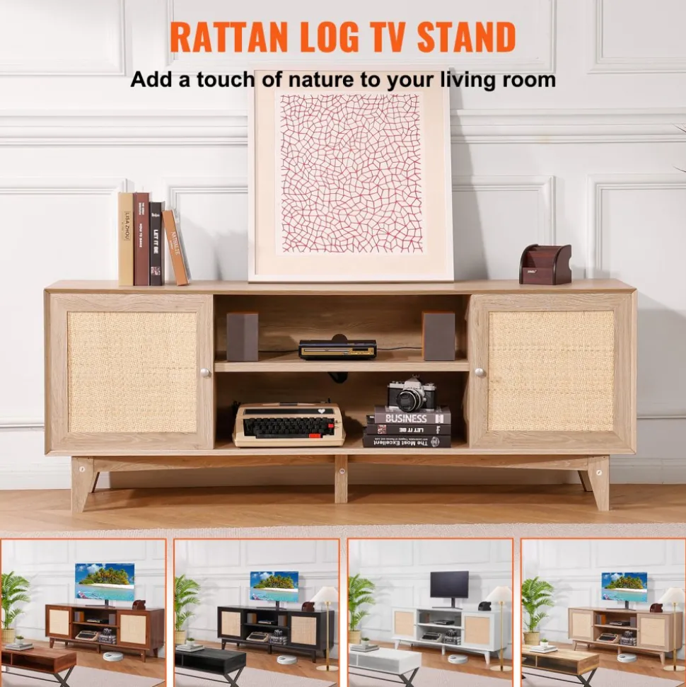 VEVOR Rattan TV Stand, Mid Century Modern TV Stand for 75 inch TV, Boho Rattan TV Cabinet with Build-in Socket and USB Ports, Adjustable Shelfs for Living Room, Media Room, Oak
