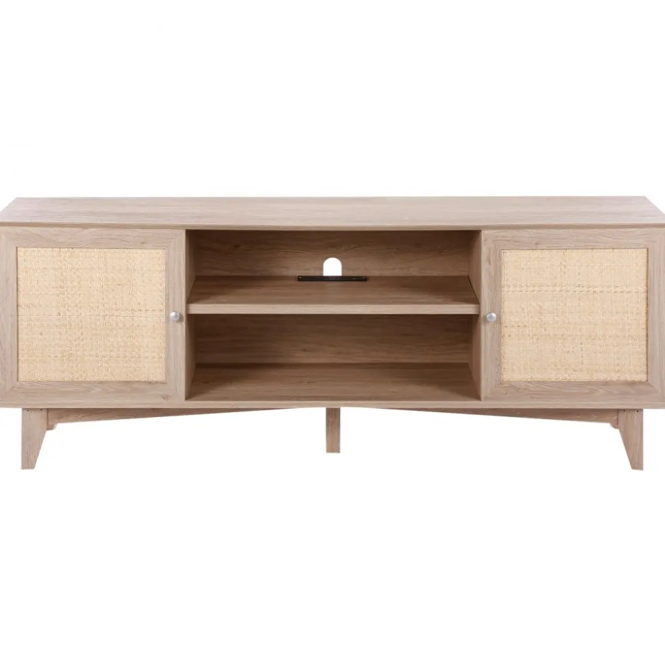 VEVOR Rattan TV Stand, Mid Century Modern TV Stand for 75 inch TV, Boho Rattan TV Cabinet with Build-in Socket and USB Ports, Adjustable Shelfs for Living Room, Media Room, Oak