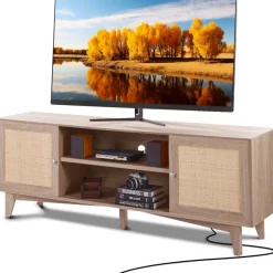 VEVOR Rattan TV Stand, Mid Century Modern TV Stand for 75 inch TV, Boho Rattan TV Cabinet with Build-in Socket and USB Ports, Adjustable Shelfs for Living Room, Media Room, Oak