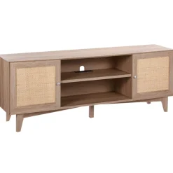 VEVOR Rattan TV Stand, Mid Century Modern TV Stand for 75 inch TV, Boho Rattan TV Cabinet with Build-in Socket and USB Ports, Adjustable Shelfs for Living Room, Media Room, Oak