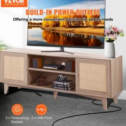 VEVOR Rattan TV Stand, Mid Century Modern TV Stand for 75 inch TV, Boho Rattan TV Cabinet with Build-in Socket and USB Ports, Adjustable Shelfs for Living Room, Media Room, Oak