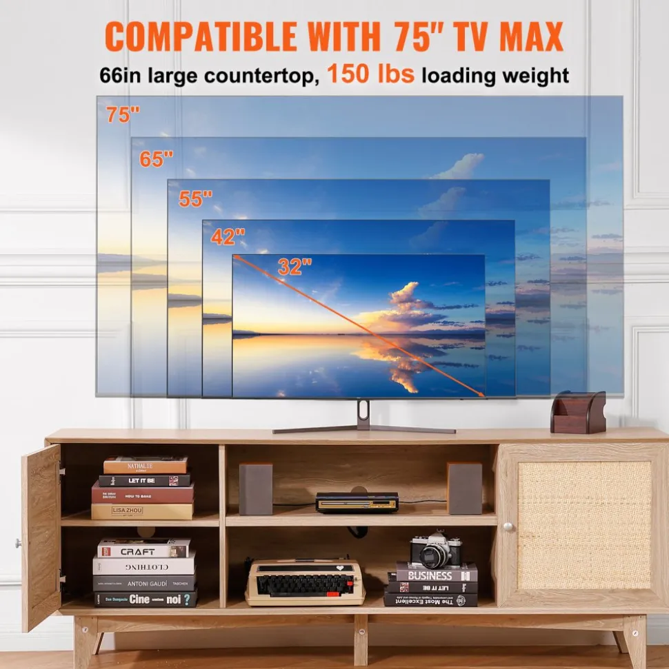 VEVOR Rattan TV Stand, Mid Century Modern TV Stand for 75 inch TV, Boho Rattan TV Cabinet with Build-in Socket and USB Ports, Adjustable Shelfs for Living Room, Media Room, Oak