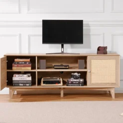 VEVOR Rattan TV Stand, Mid Century Modern TV Stand for 75 inch TV, Boho Rattan TV Cabinet with Build-in Socket and USB Ports, Adjustable Shelfs for Living Room, Media Room, Oak